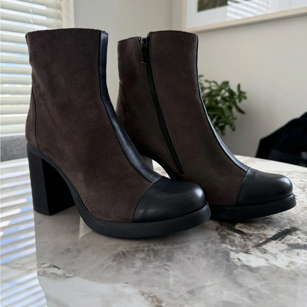 Fly London Grey and Black Suede Heeled Boots. - Picture 2 of 8